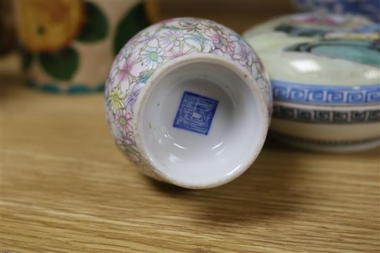 A Chinese ink box and cover and two small vases tallest 15cm